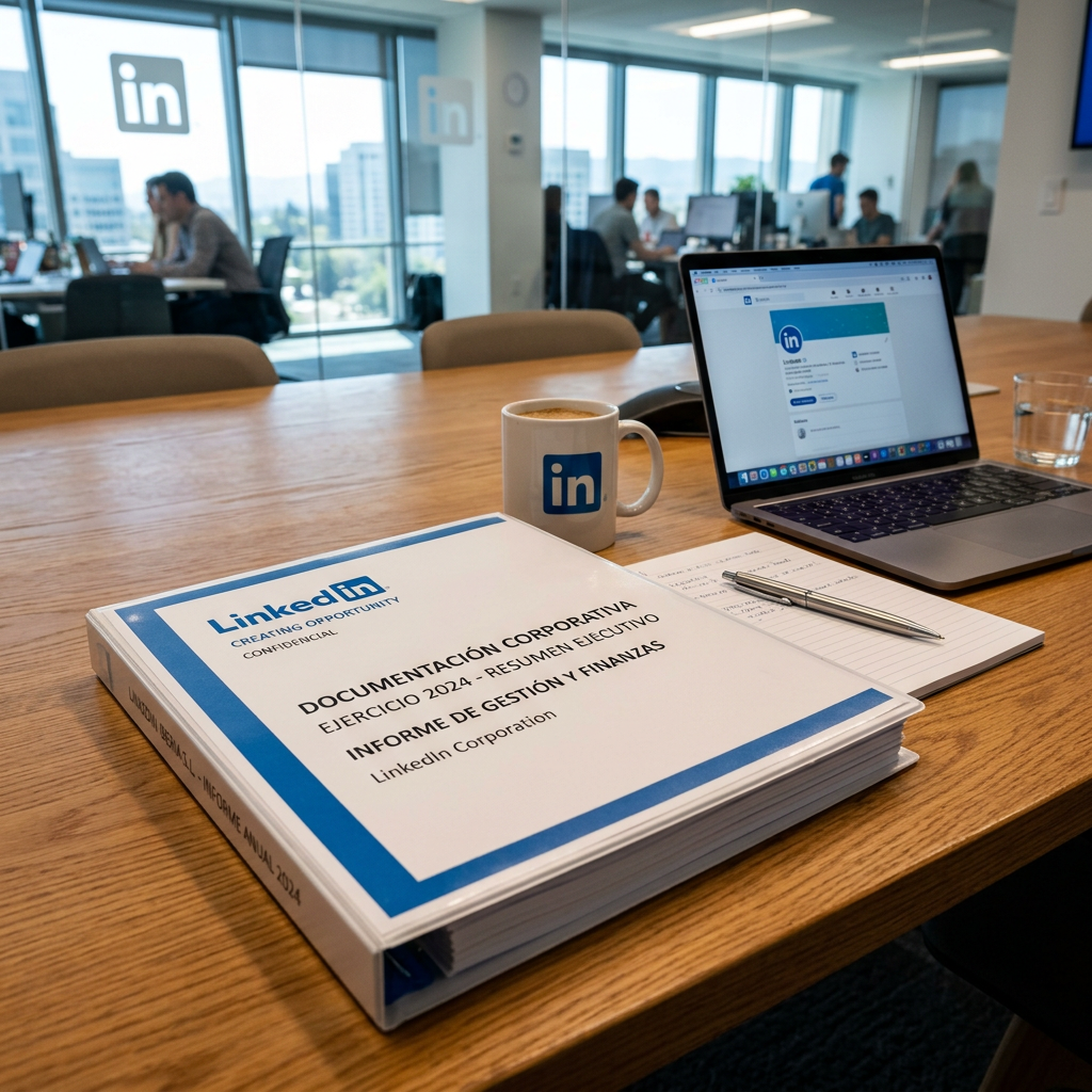 LinkedIn 2024 corporate documentation binder beside a laptop and coffee mug on a wooden conference table