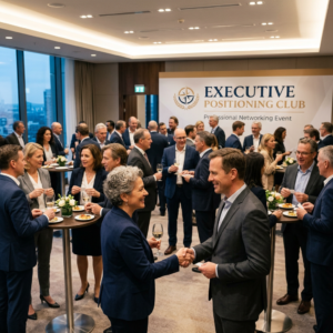 Executives shaking hands and networking at a professional club event